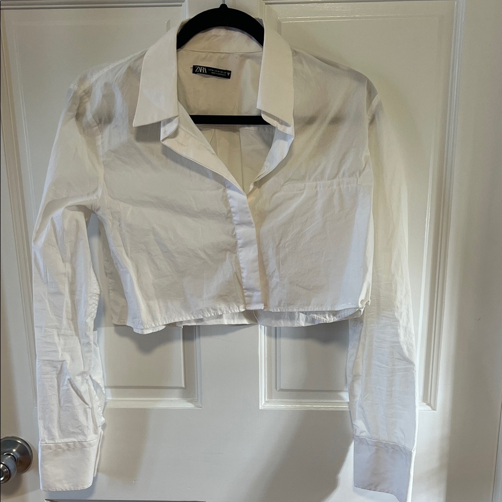 Zara White Button Down Cropped Shirt